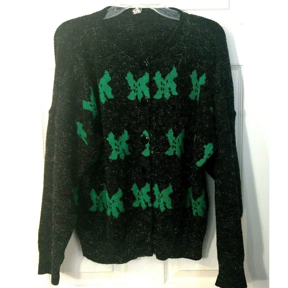 Womens Cardigan Sweater Black Silver Green Button Closure EU Size 48 XXL Spain